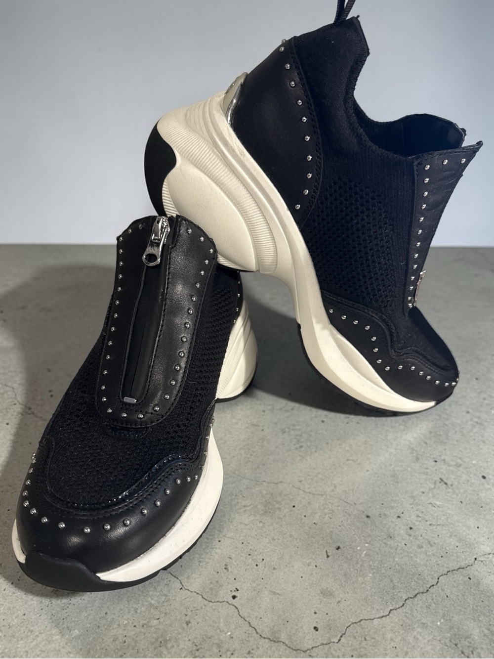 Michael Kors Zuma Black and White Zip-Front Platform Sneakers with Stud Detail
